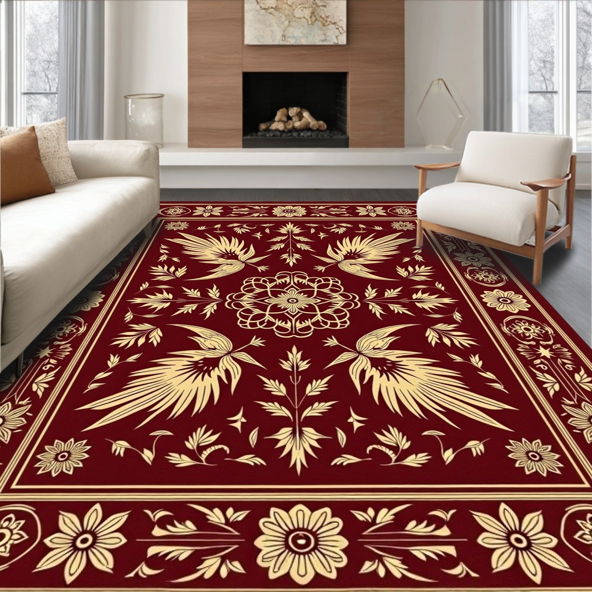 Crimson and Gold Floral Bird Rug