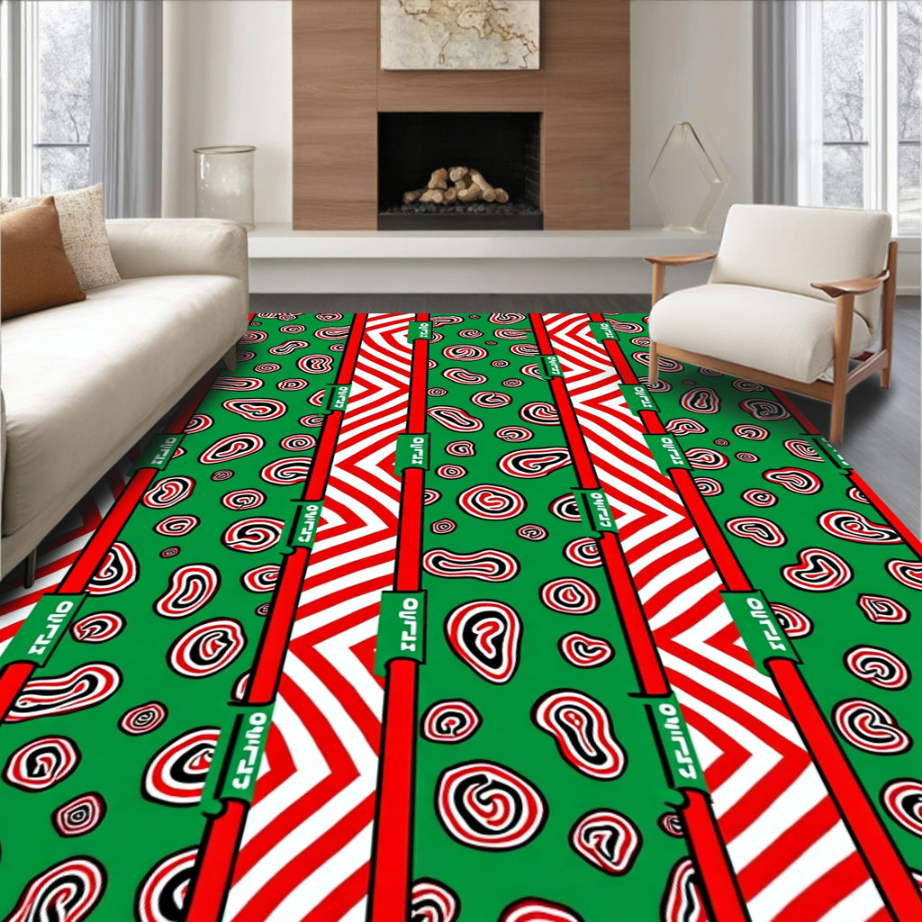 Green Red And White Abstract Shapes Rug