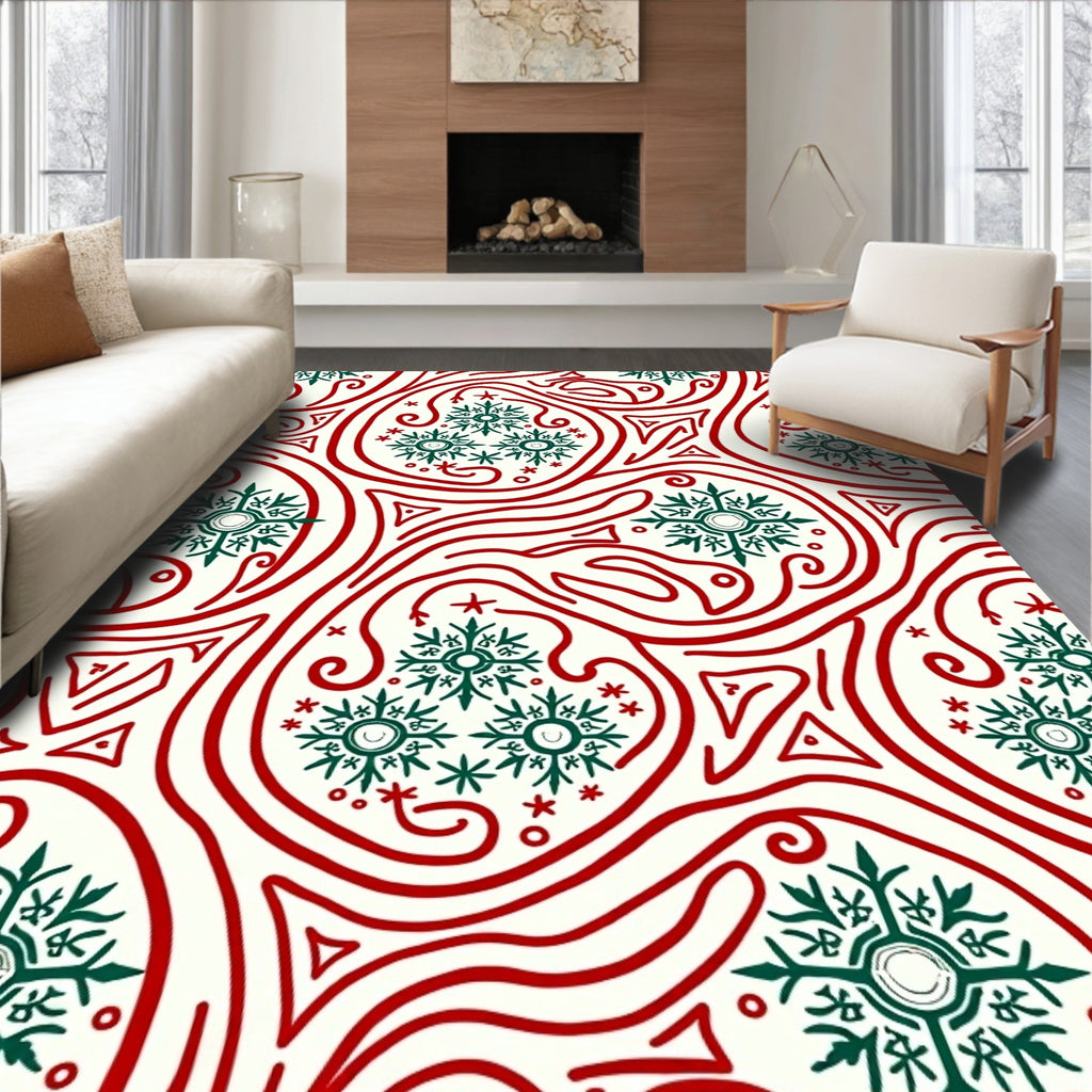 Crimson Green Snowflake Swirls Rug