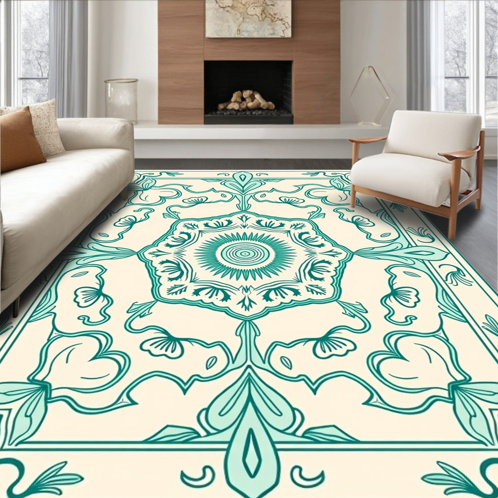 Aqua Floral Medallion Border Rug