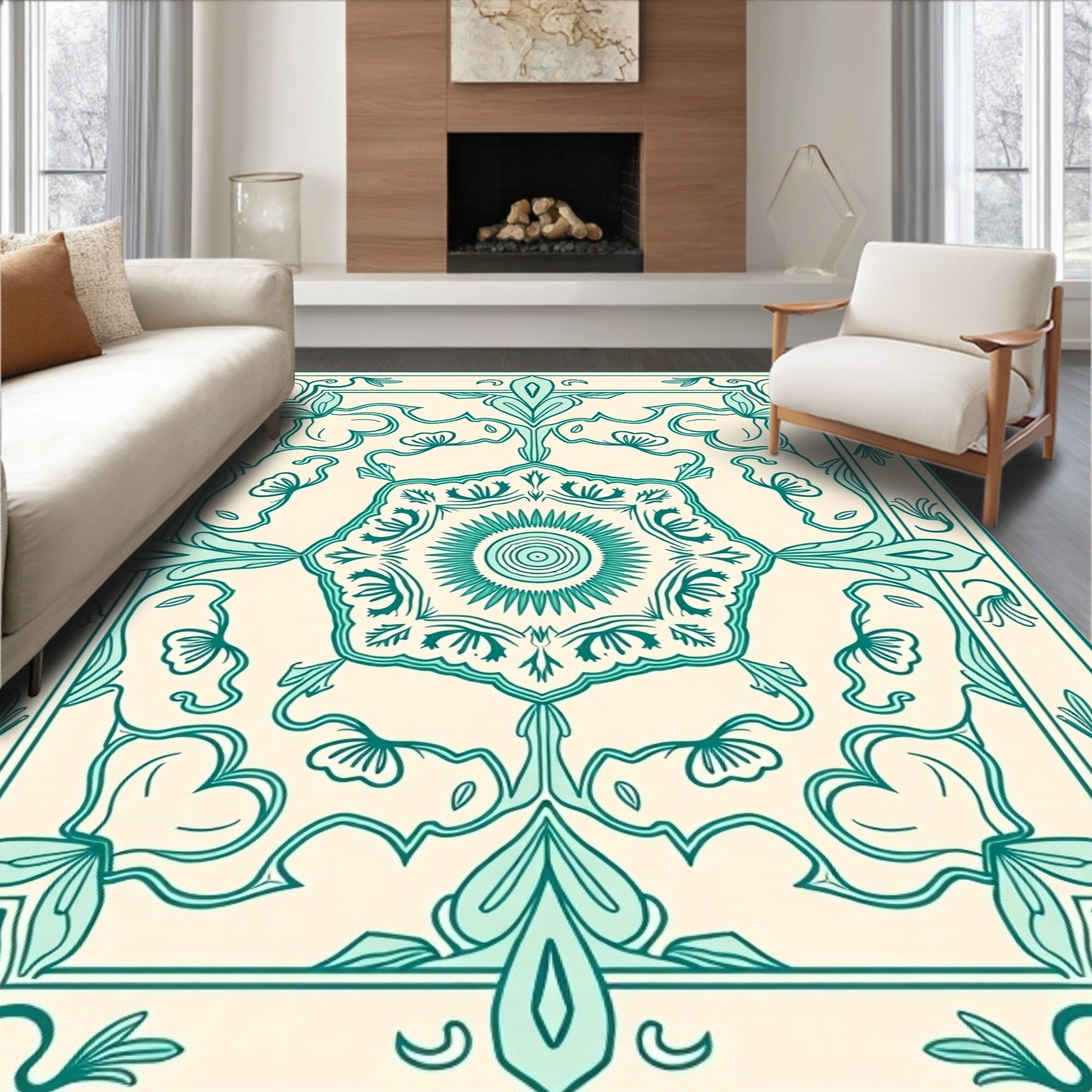 Aqua Floral Medallion Border Rug