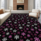 Pink White Snowflake Scatter Black Background Rug