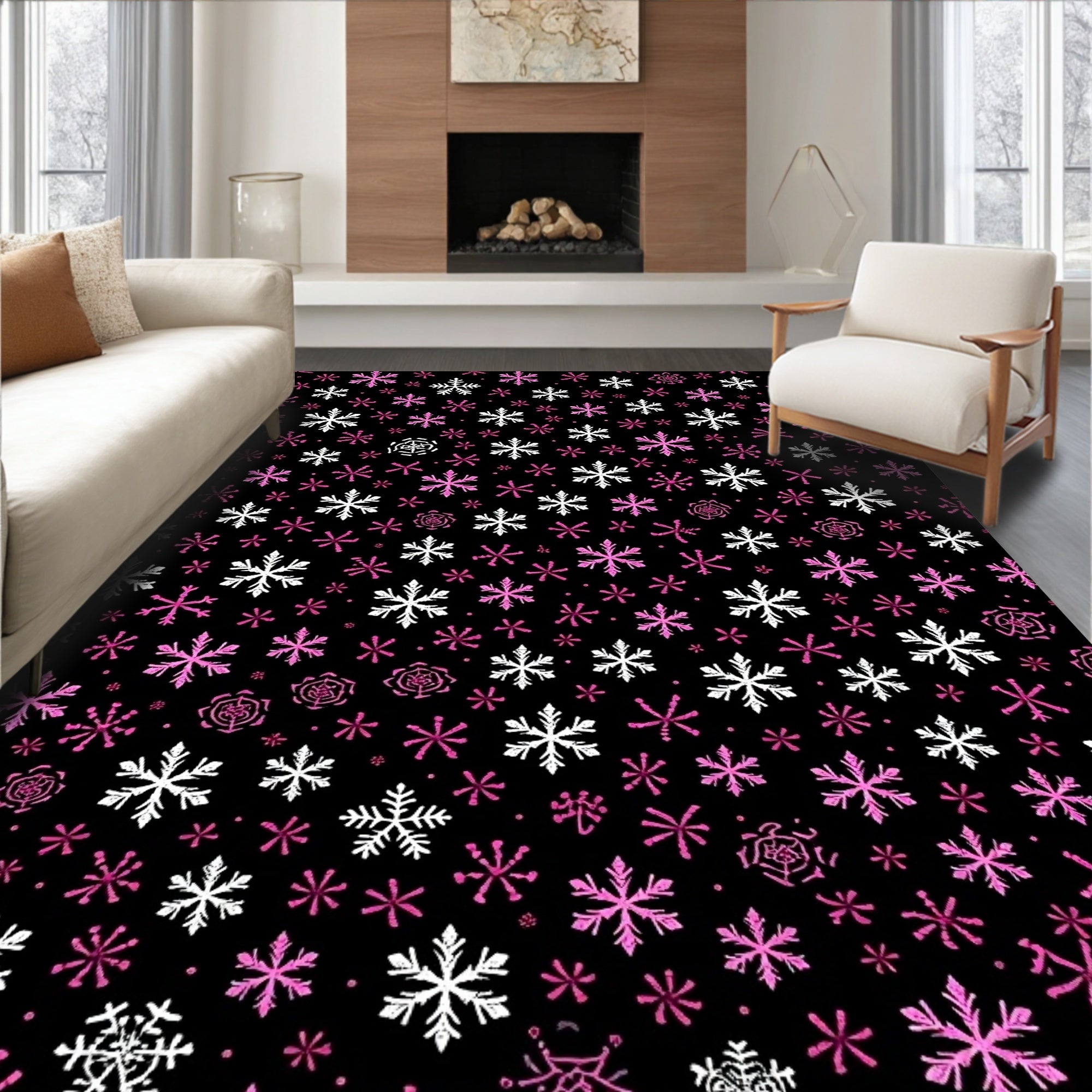 Pink White Snowflake Scatter Black Background Rug