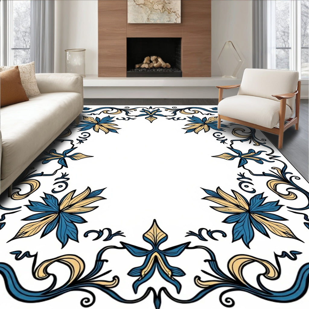 Elegant Teal Gold Floral Filigree Border Rug
