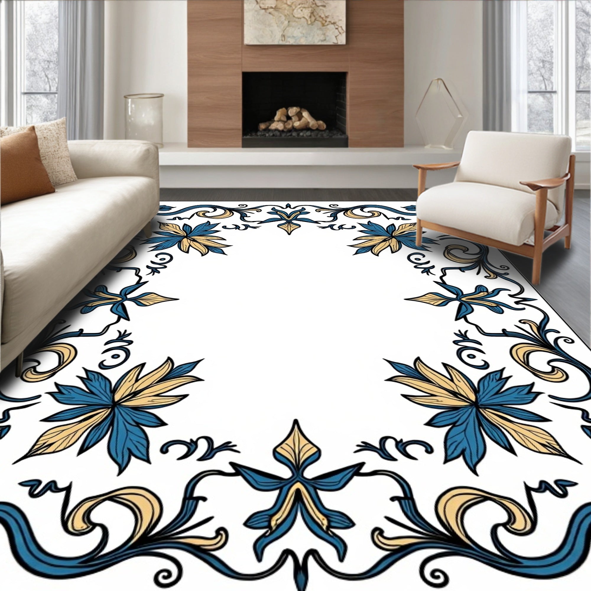 Elegant Teal Gold Floral Filigree Border Rug