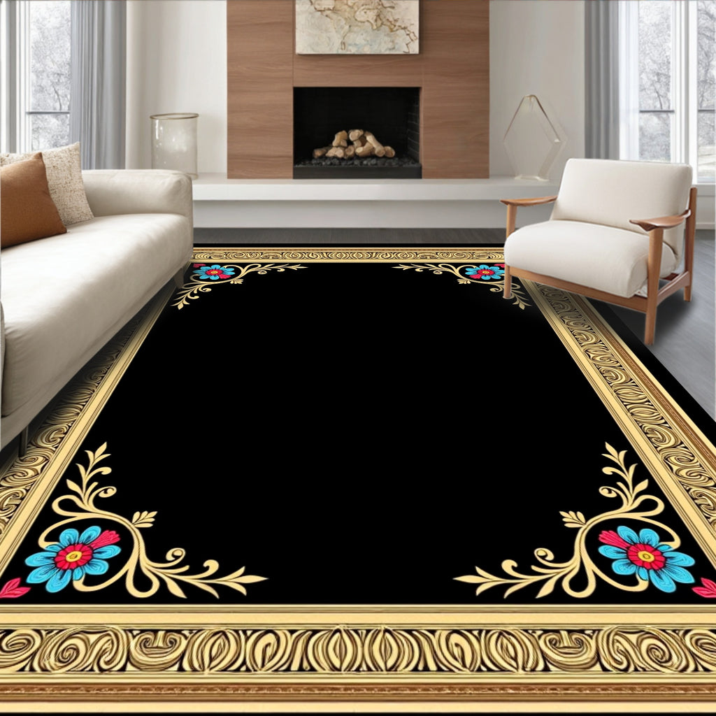 Golden Ornate Floral Corner Accent Rug