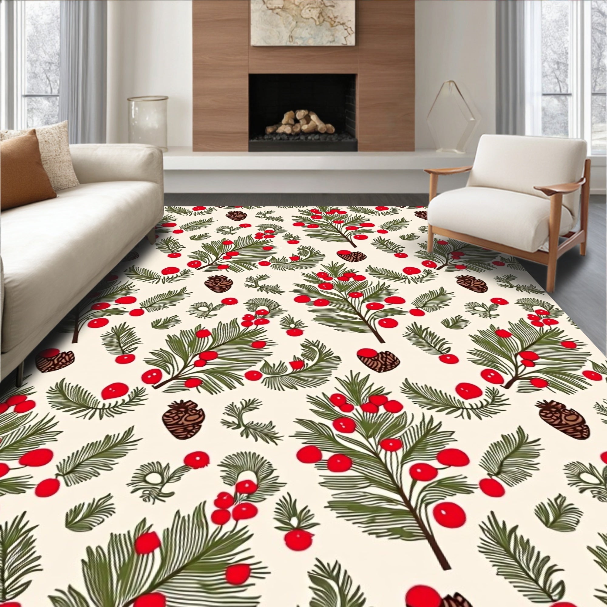 Crimson Berry Pinecone Christmas Sprigs Rug