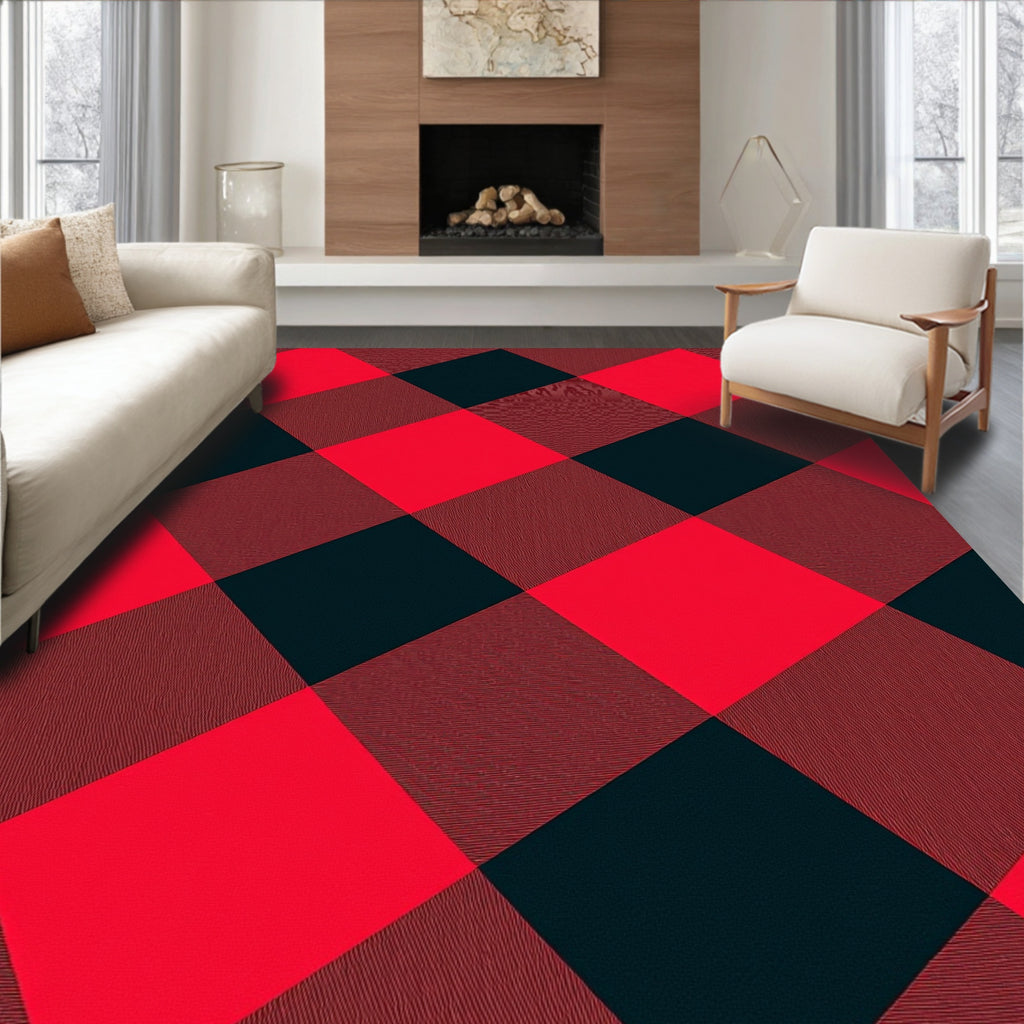 Bold Red Black Plaid Checkered Rug
