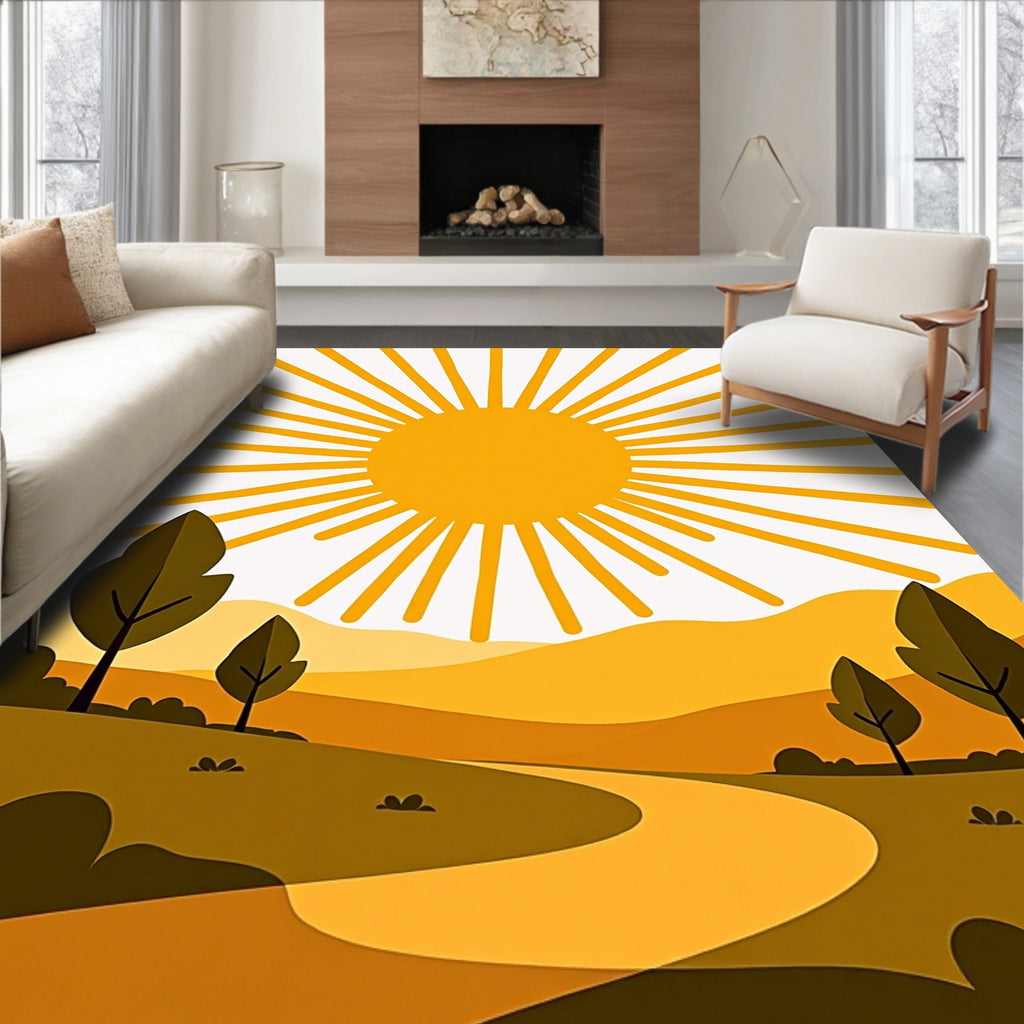 Golden Sun Over Rolling Hills Landscape Rug