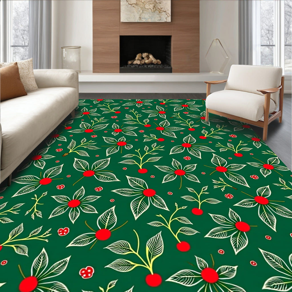 Christmas Green Floral Berry Accents Rug