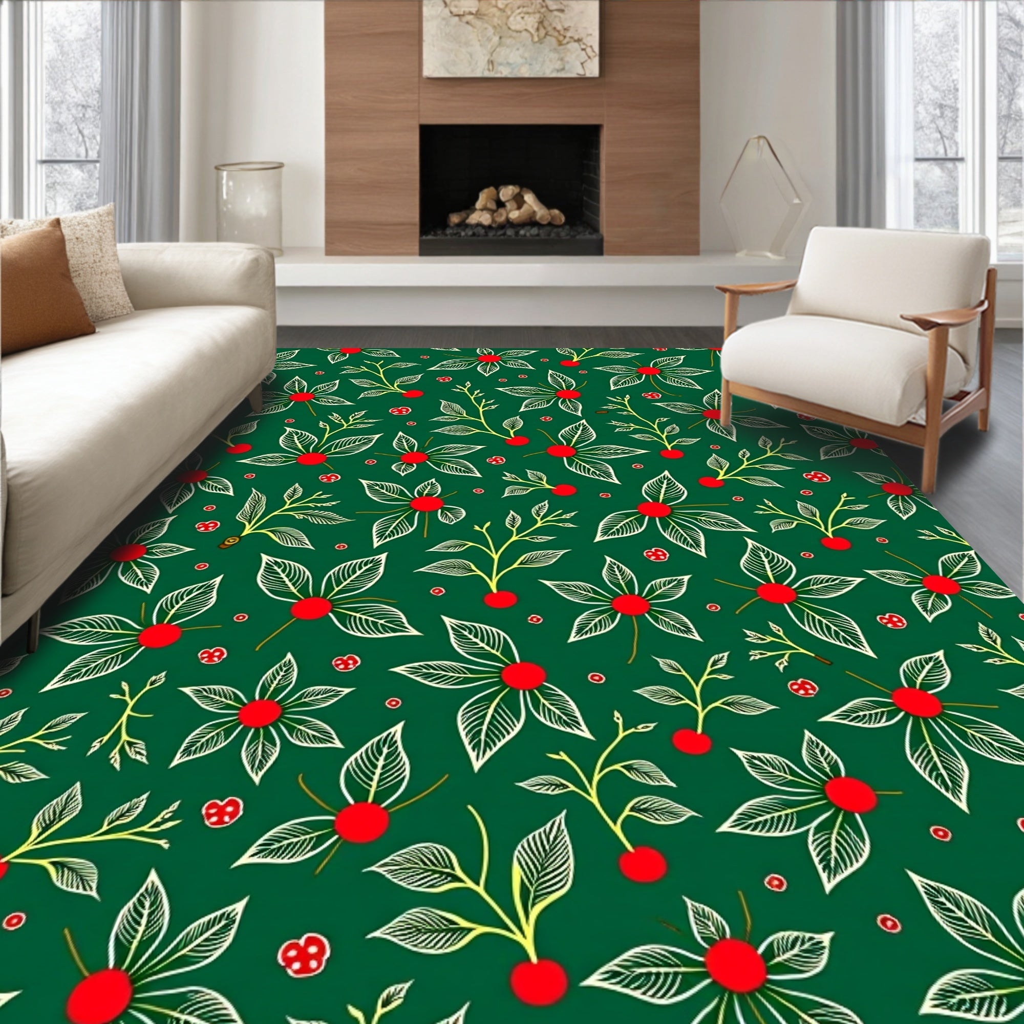 Christmas Green Floral Berry Accents Rug