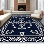 Navy White Scrolling Floral Medallion Rug