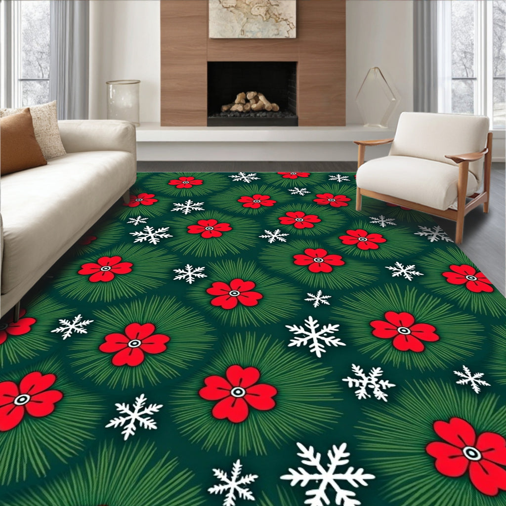 Green Red Floral Snowflake Arrangement Rug