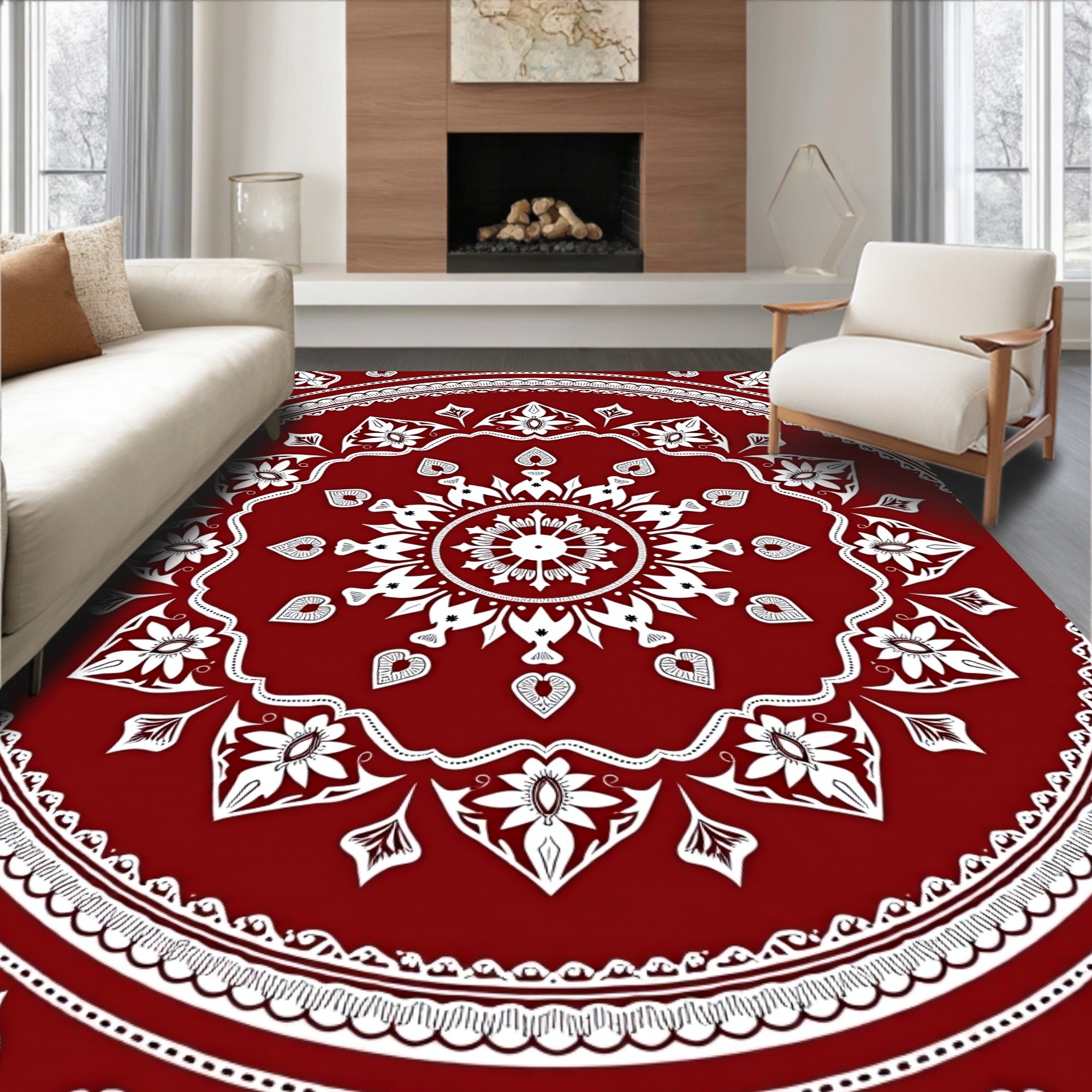Dazzling Red White Floral Mandala Rug