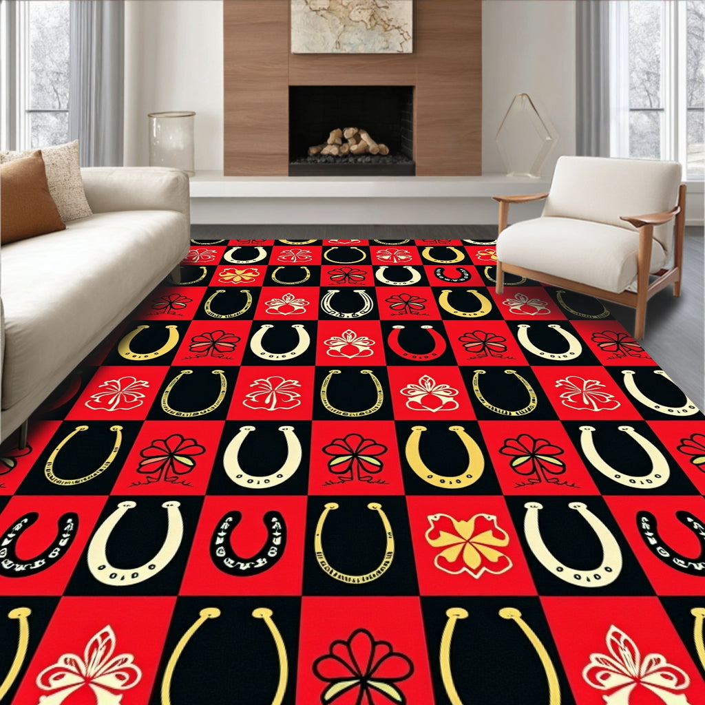 Red Black Golden Horseshoe Floral Squares Rug