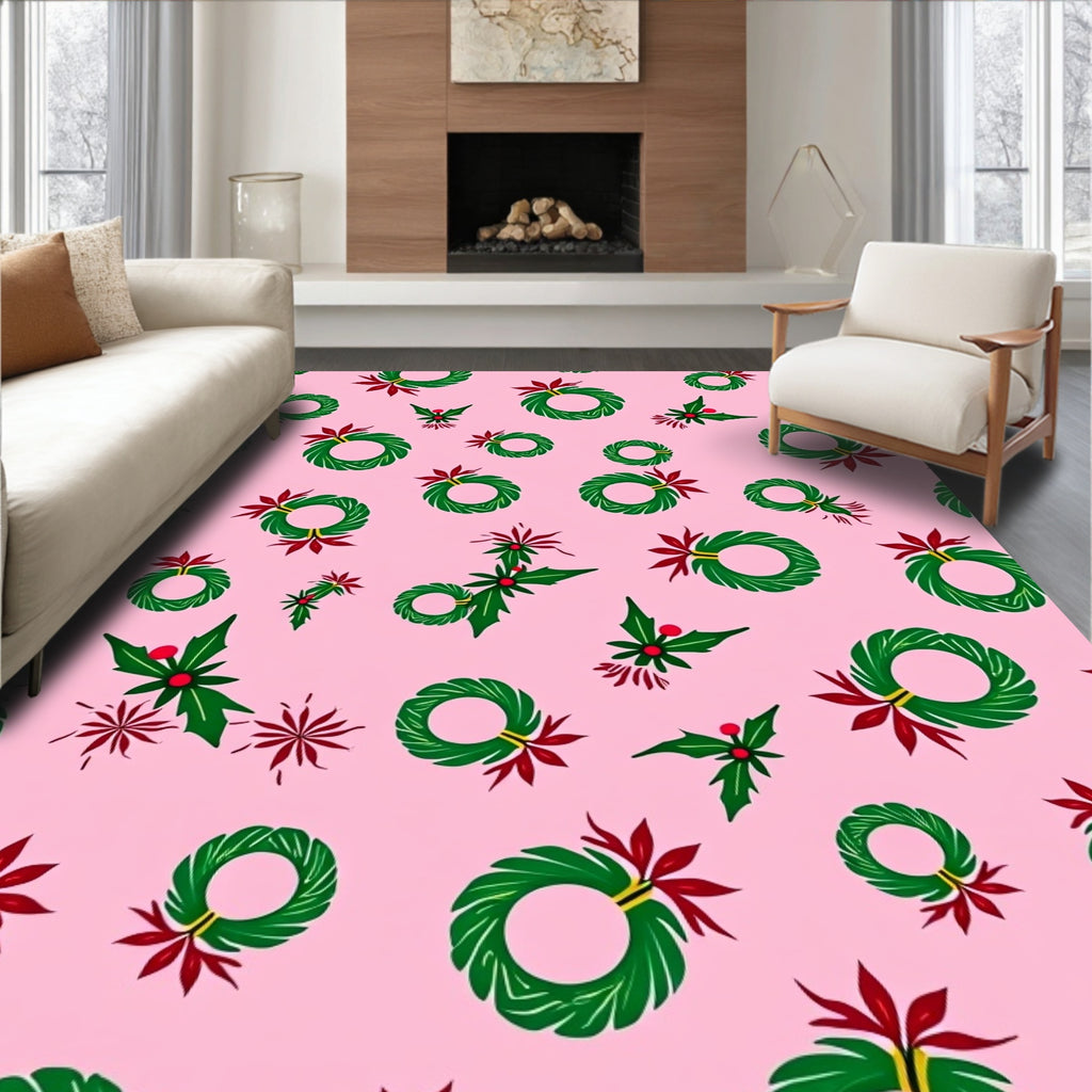 Festive Green Wreath Holly Red Bows Rug