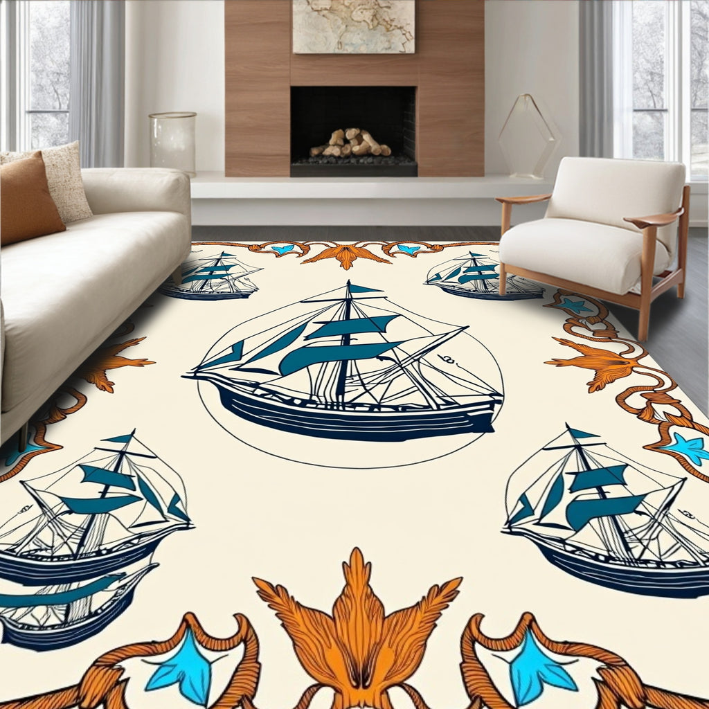 Nautical Sailing Ships Teal Orange Border Rug