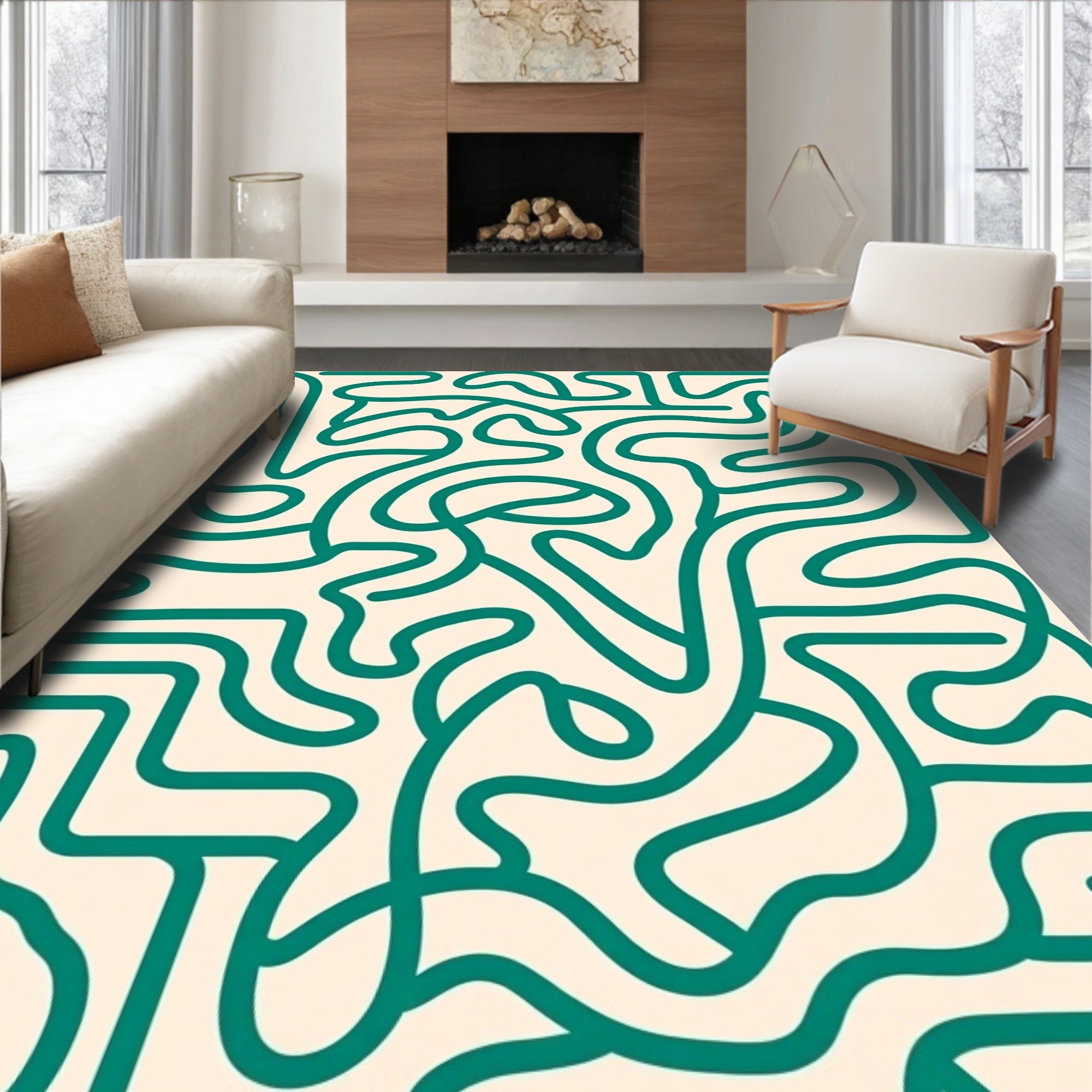Creme Green Labyrinth Maze Rug