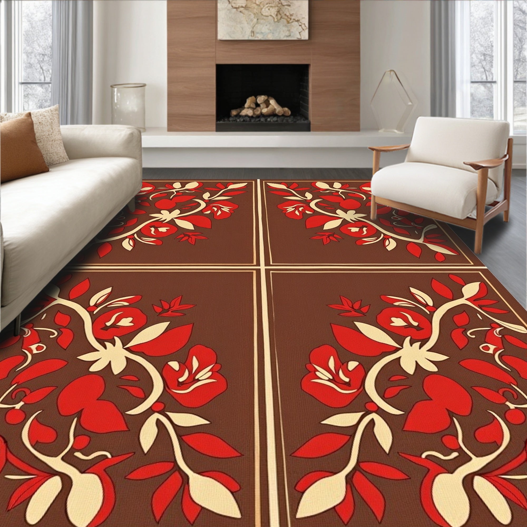 Brown Red Floral Vine Corner Arrangement Rug
