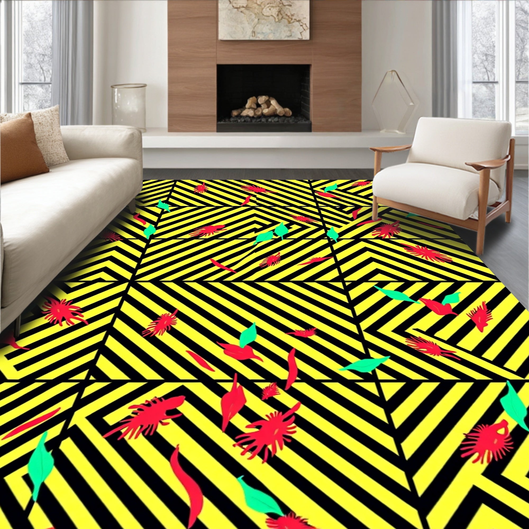 Bold Yellow Black Geometric Foliage Rug