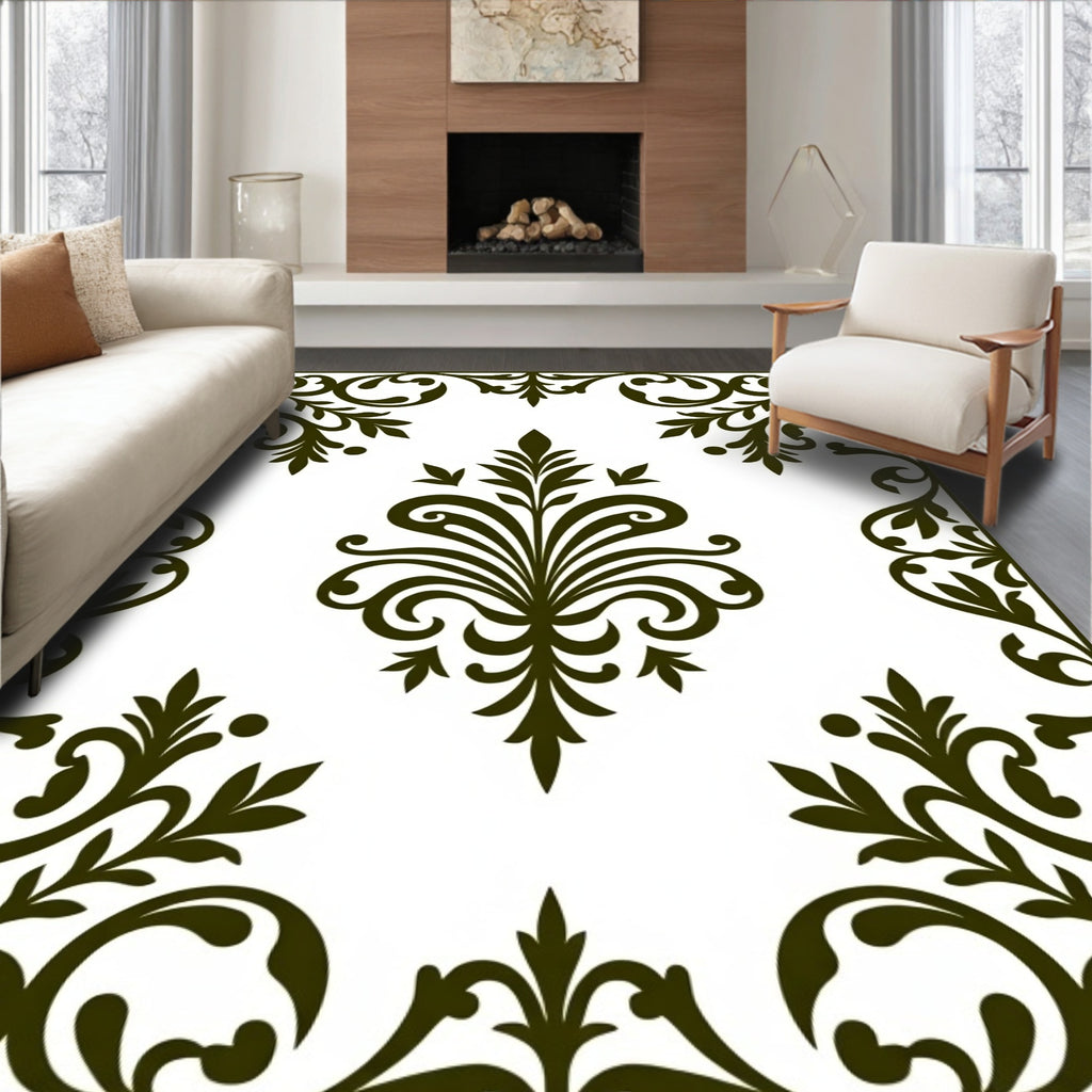 Dark Green Floral Scrollwork Border Rug