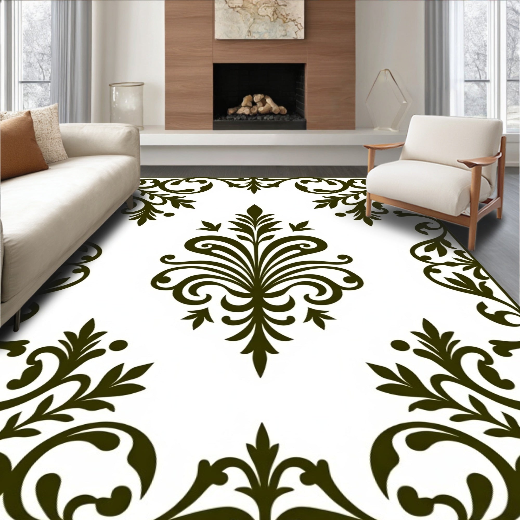 Dark Green Floral Scrollwork Border Rug