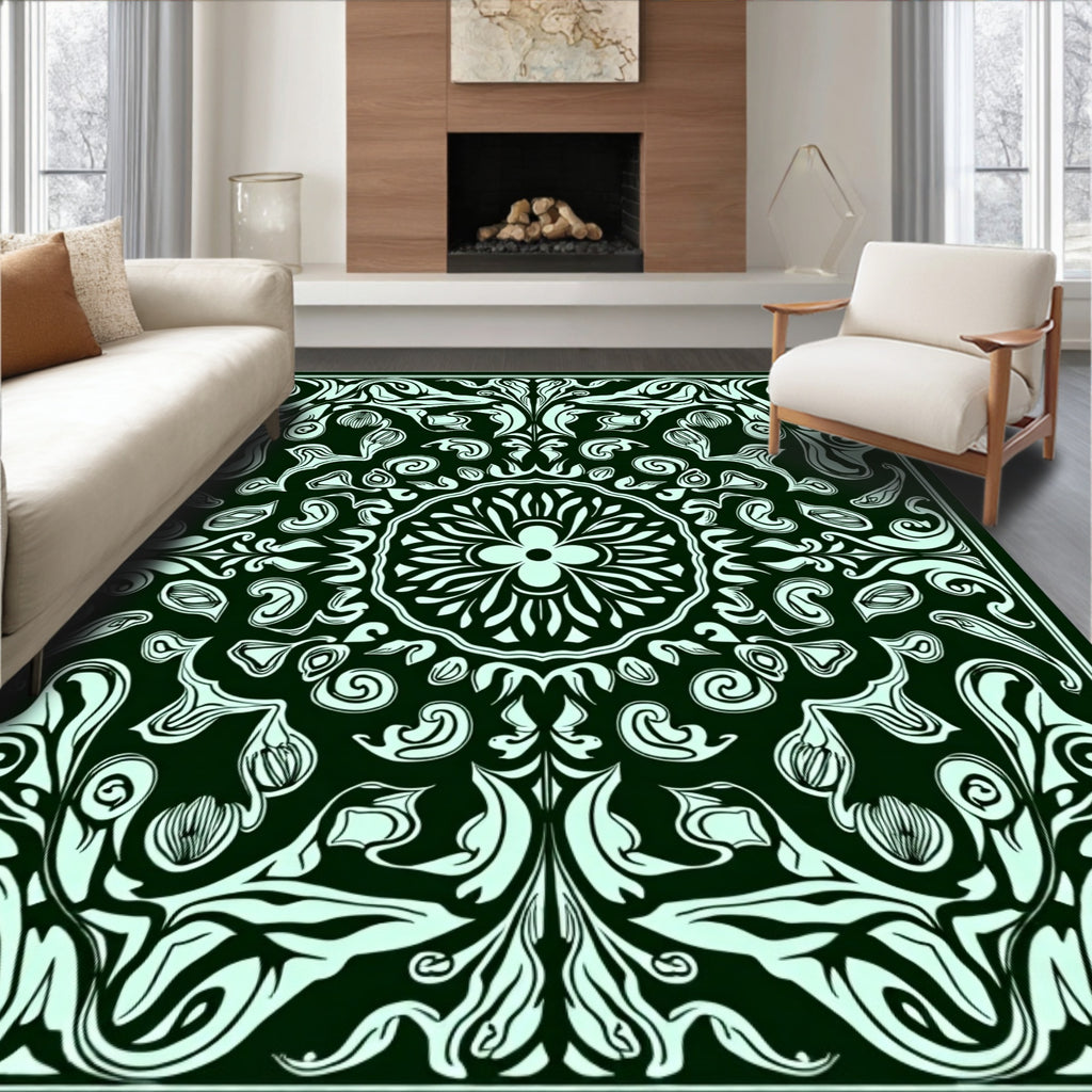 Emerald Green Floral Swirl Art Nouveau Rug