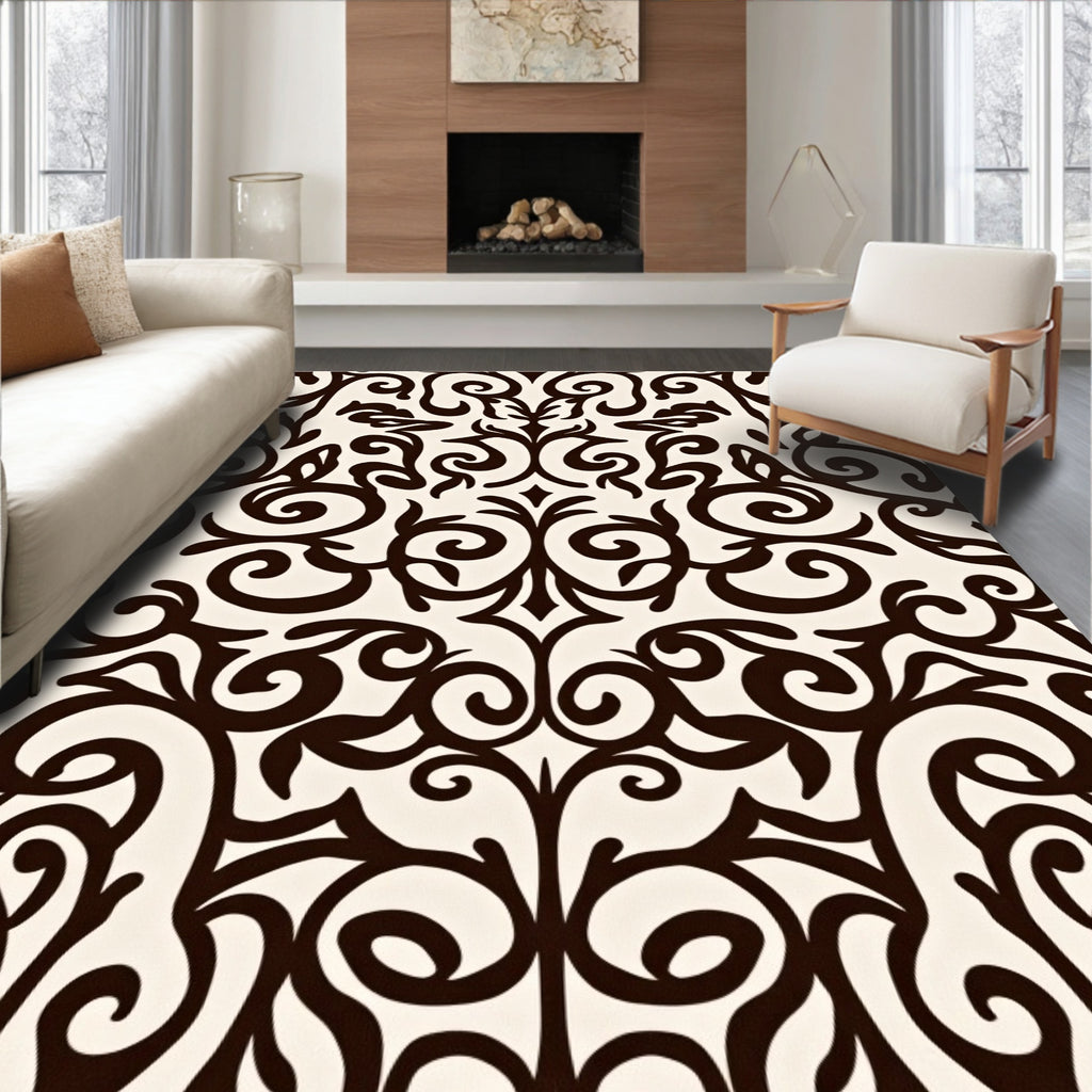 Dark Brown Colonial Scrollwork Ivory Rug