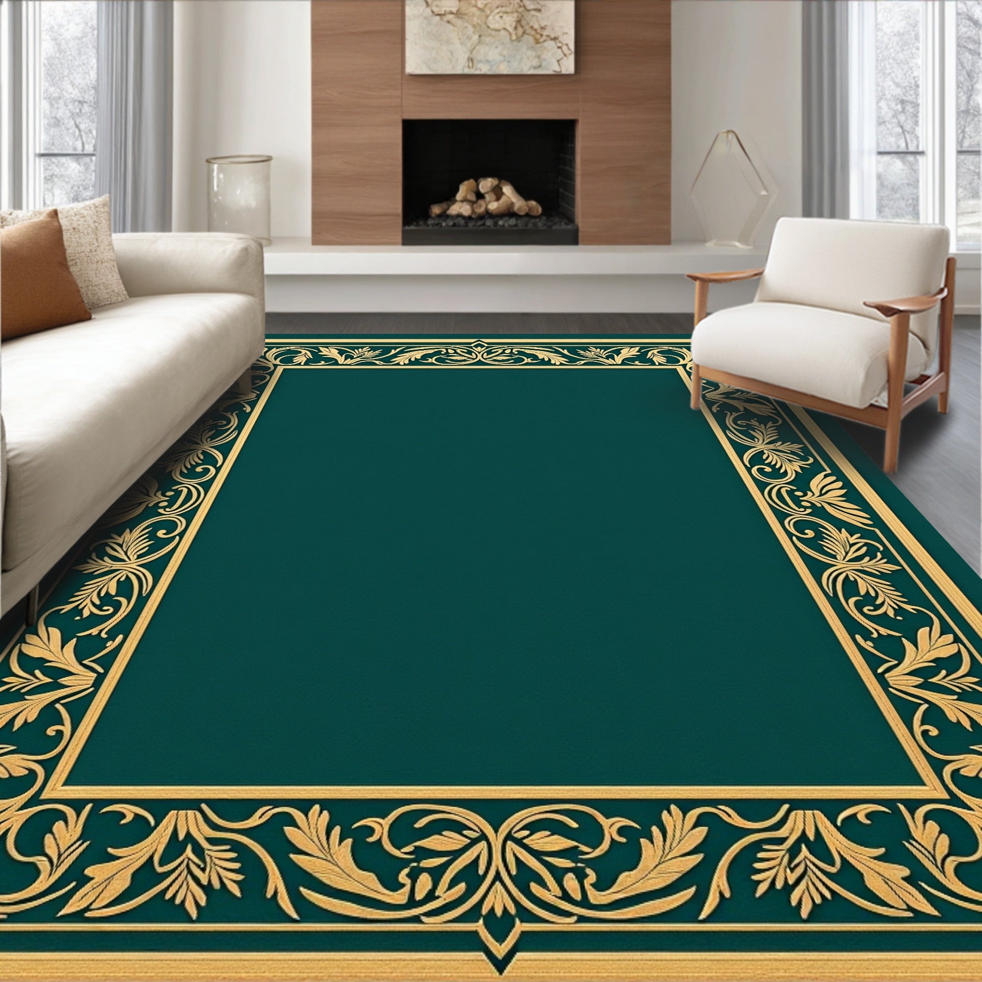 Gold Floral Border Emerald Rug