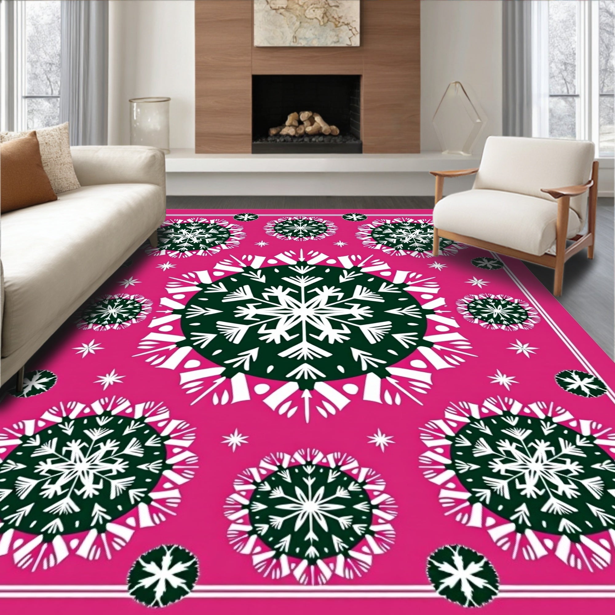 Pink Snowflakes Mandala Rug