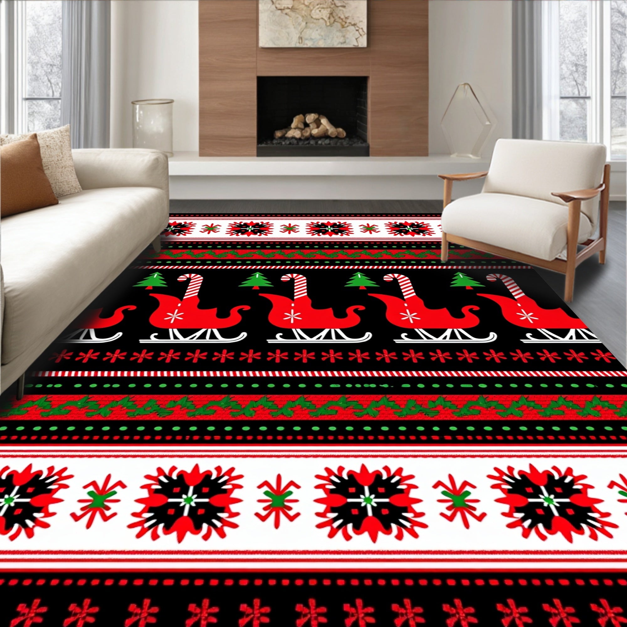 Red Green Sleigh Candy Cane Stripes Rug