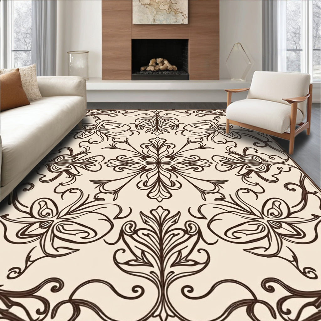 Brown Floral Damask Scrolling Vine Rug