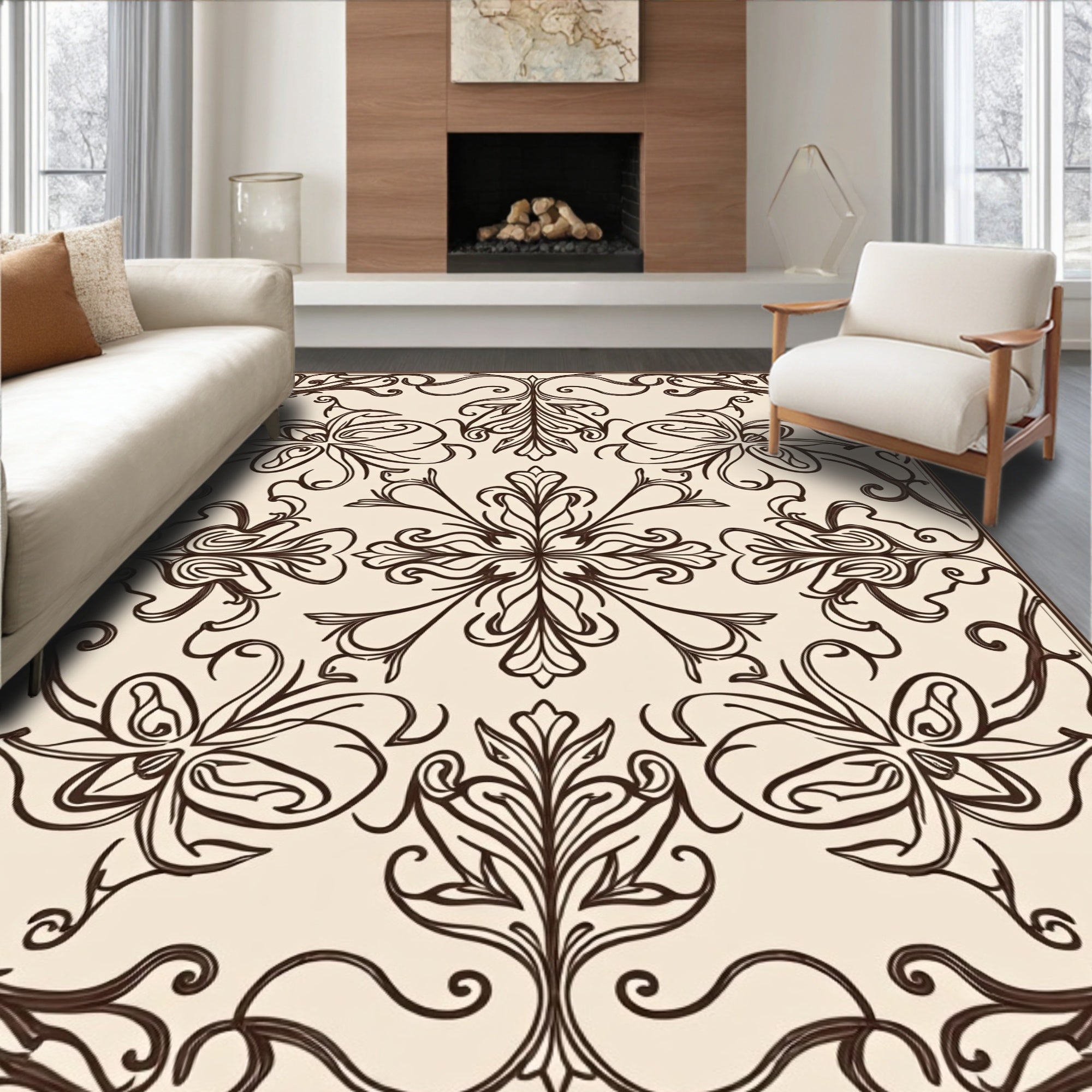 Brown Floral Damask Scrolling Vine Rug