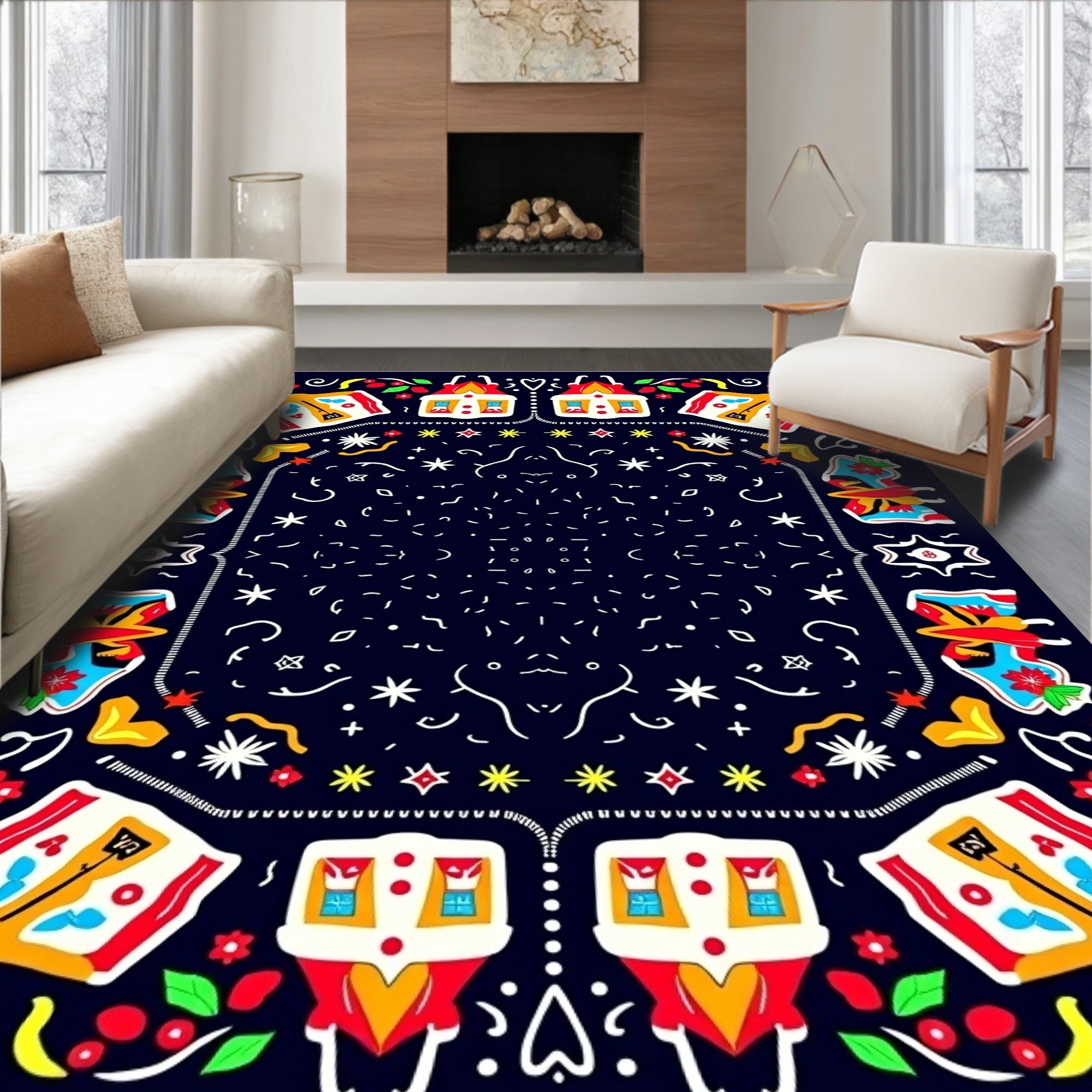 Colorful Folk Art Village Scene Rug