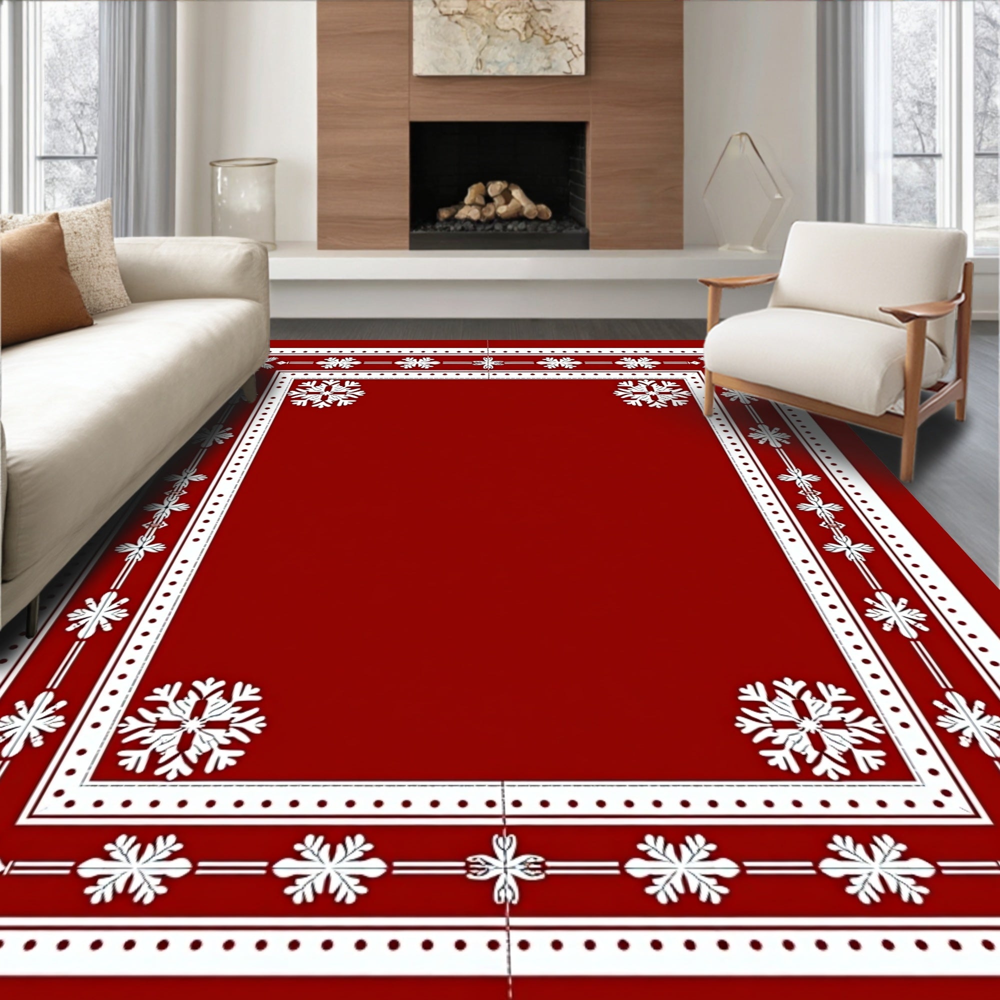 Crimson Snowflake Intricate Border Rug