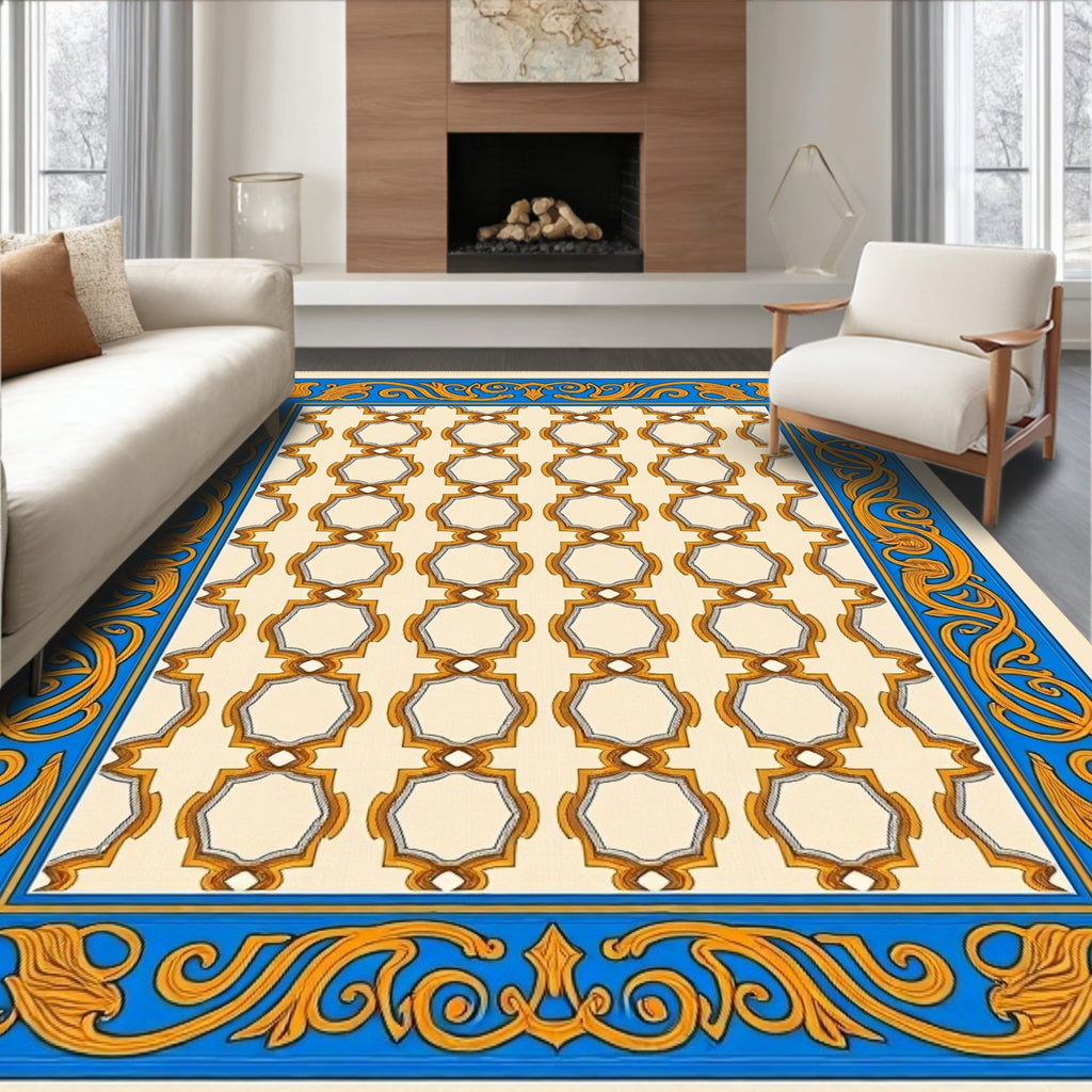 Vibrant Geometric Octagon Blue Gold Rug