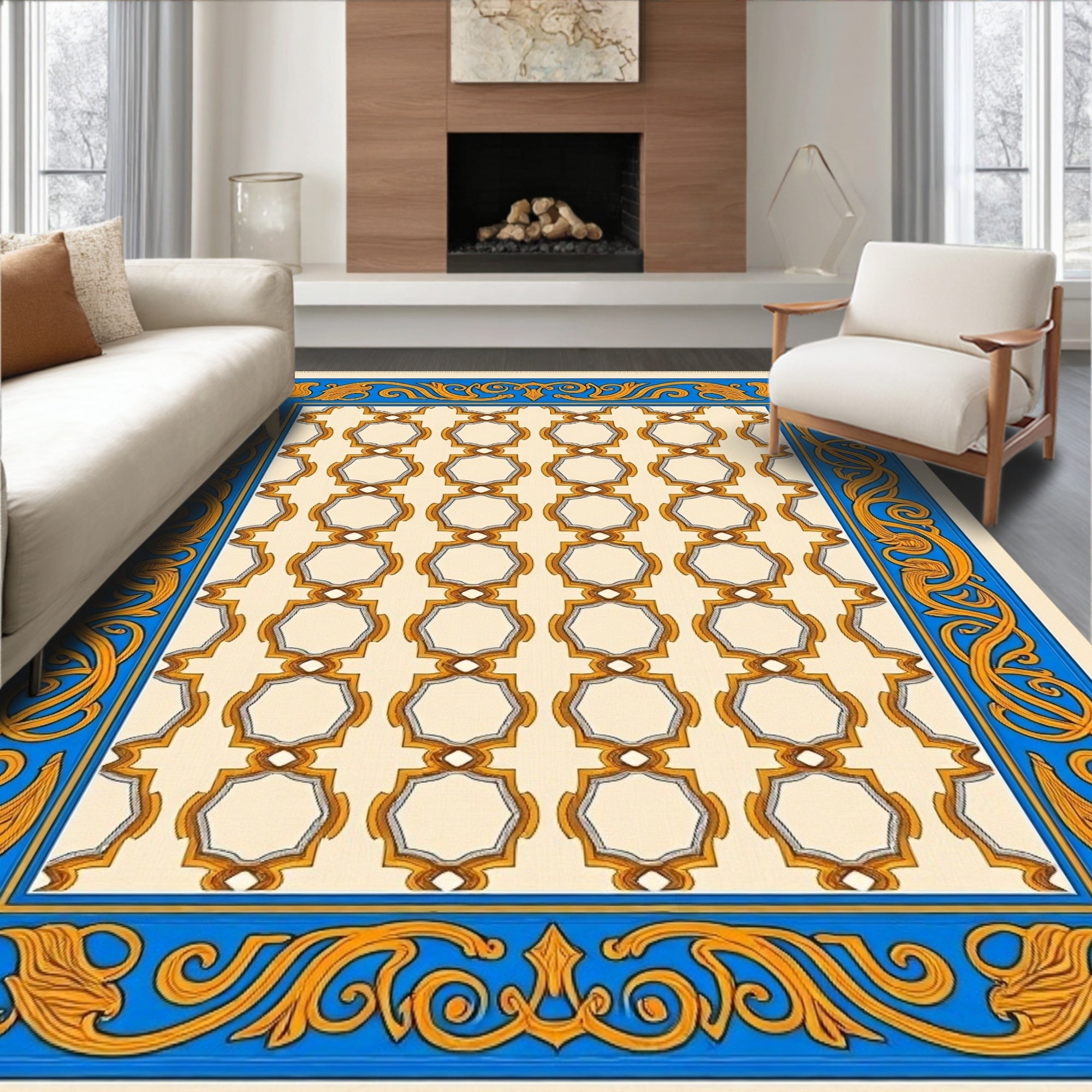 Vibrant Geometric Octagon Blue Gold Rug
