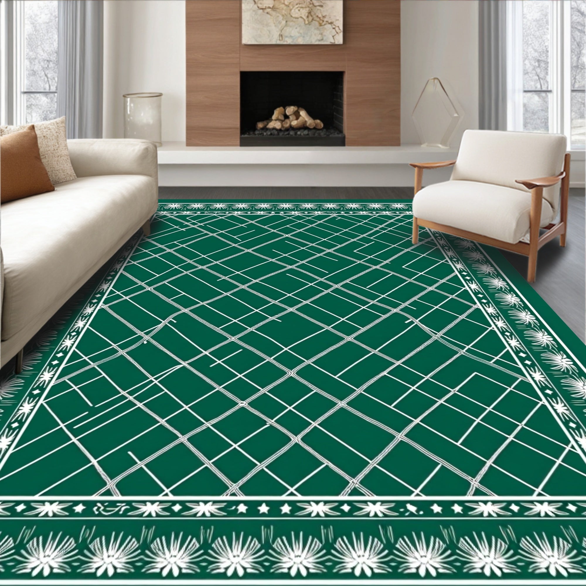 Deep Green White Geometric Lattice Rug