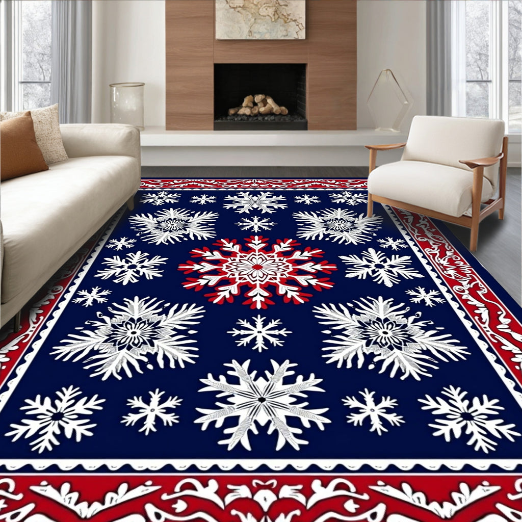 Winter Snowflake Navy Blue Red Border Rug