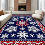 Winter Snowflake Navy Blue Red Border Rug