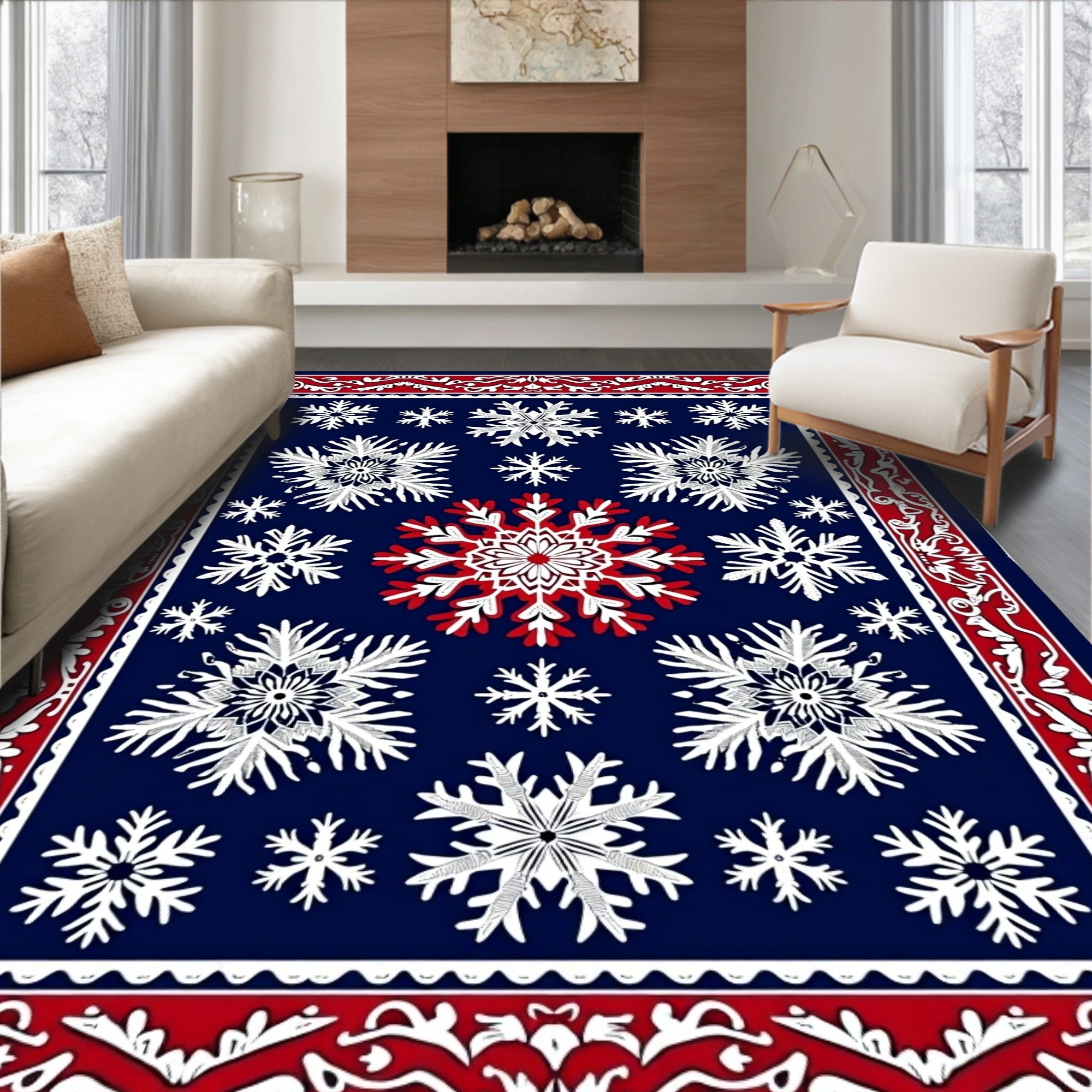 Winter Snowflake Navy Blue Red Border Rug