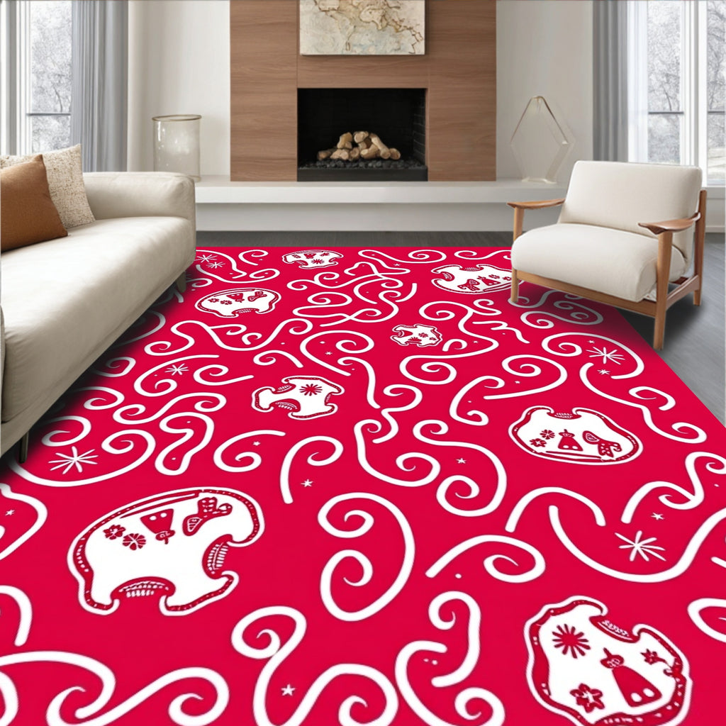 Crimson White Folk Art Whimsical Creatures Rug
