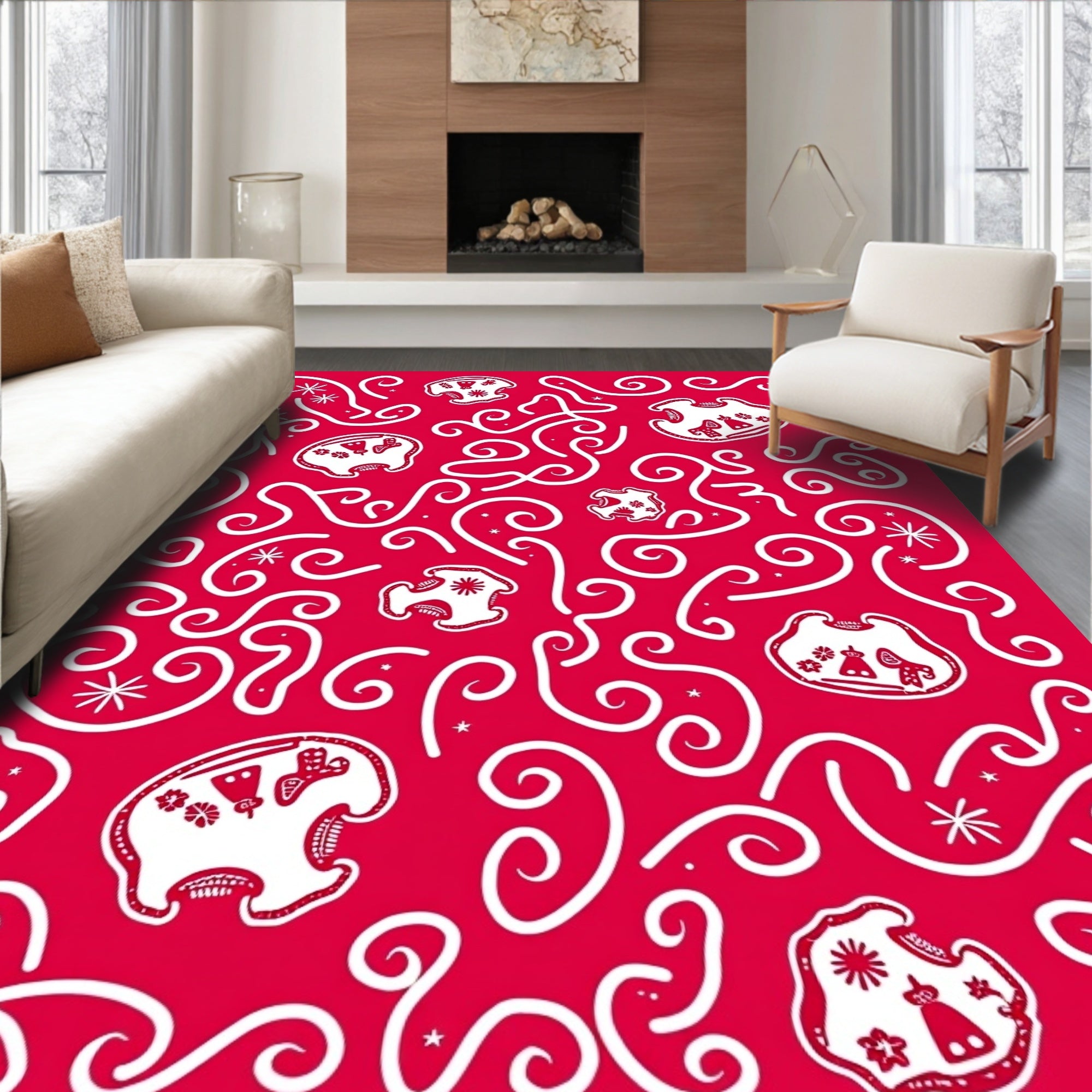 Crimson White Folk Art Whimsical Creatures Rug