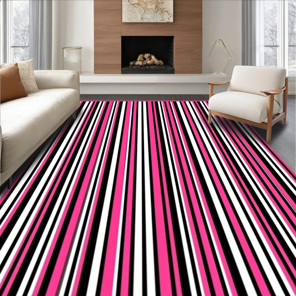 Vibrant Pink Black White Stripe Rug