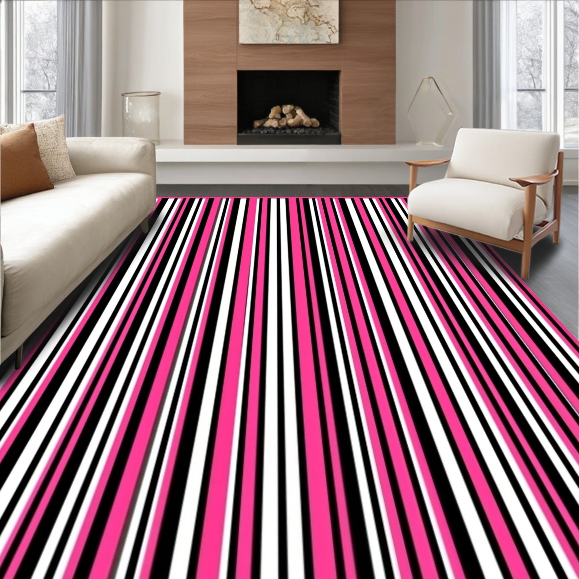 Vibrant Pink Black White Stripe Rug
