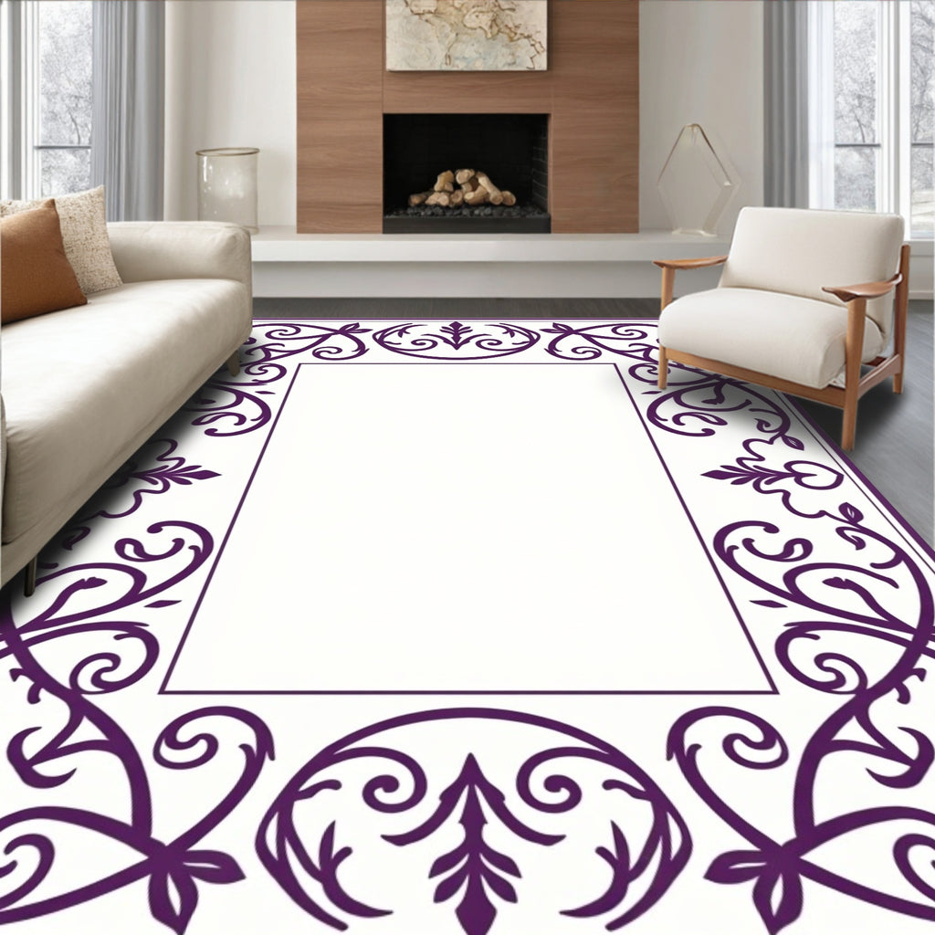 Deep Plum Floral Scrollwork Border Rug