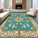 Ornate Teal Gold Floral Medallion Rug