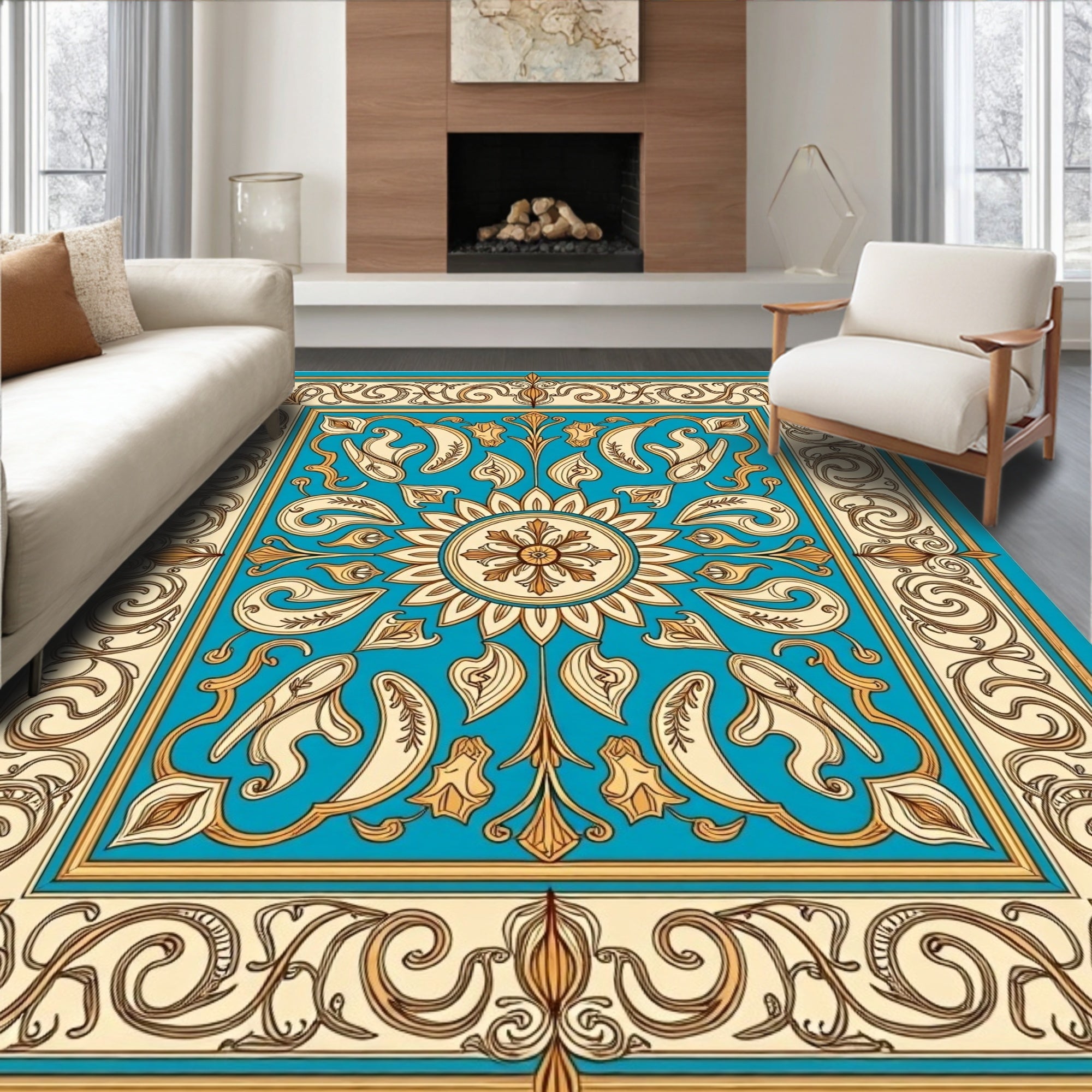 Ornate Teal Gold Floral Medallion Rug