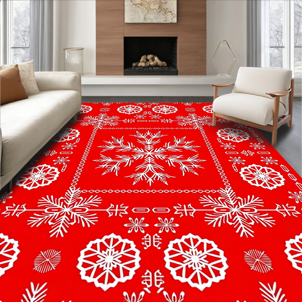 White Snowflakes on Bold Red Background Rug
