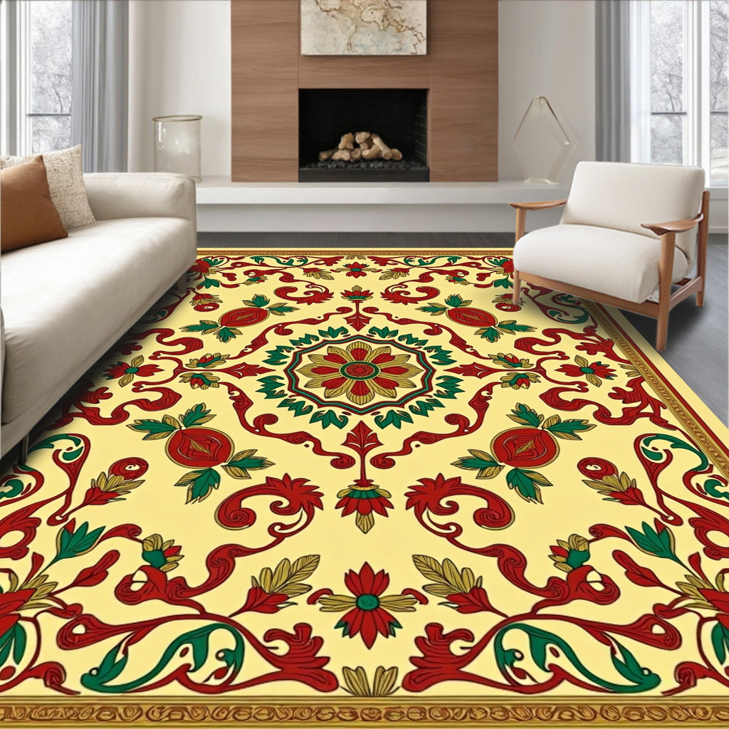 Crimson Green Floral Medallion Lace Rug